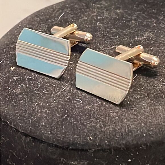 Vtg Art Deco 10kt gold plated diamond etched engravable bullet back cufflinks - Picture 4 of 14